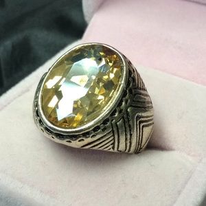 Citrine-like silver ornate men's ring Sz11